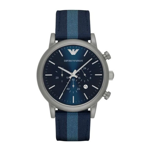 EMPORIO ARMANI 亞曼尼 AR1949 經典帆布計時腕錶 /藍 46mm