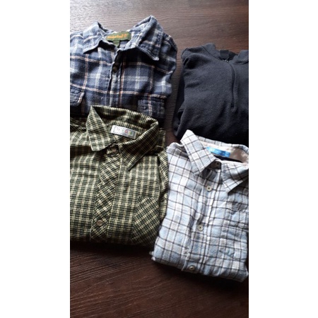 (二手4件只要$180)青少年/中大童基本款格子襯衫長袖綠色/藍色秋冬Timberland