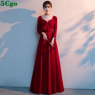 5Cgo 含稅敬酒服新娘絲絨冬季長袖方領紅色長款回門服結婚禮服裙女蓬蓬裙尾牙禮服t654130006039