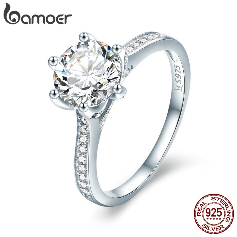 Bamoer 925 銀閃閃發光的鋯石鑽石戒指鍍鉑金戒指