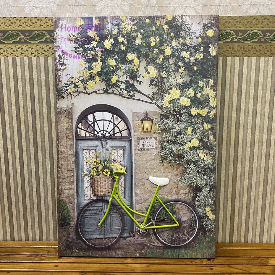 鄉村復古亮綠色腳踏車 LED燈掛畫 立體畫 無框畫壁畫 歐式古典大門 牆上佈置裝飾 復古做舊 栽貨王