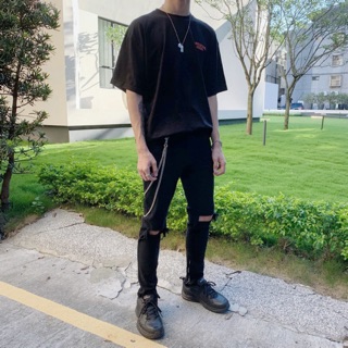 【PAGANS STORE】歐美街頭 高階 大破壞 破壞 破洞 刷破 素面 黑 褲腳拉鍊 破褲 長褲 牛仔褲
