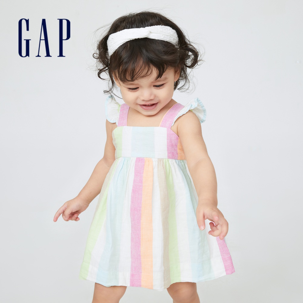 Gap 嬰兒裝 亞麻荷葉邊吊帶洋裝家居套裝-彩虹條紋(869310)