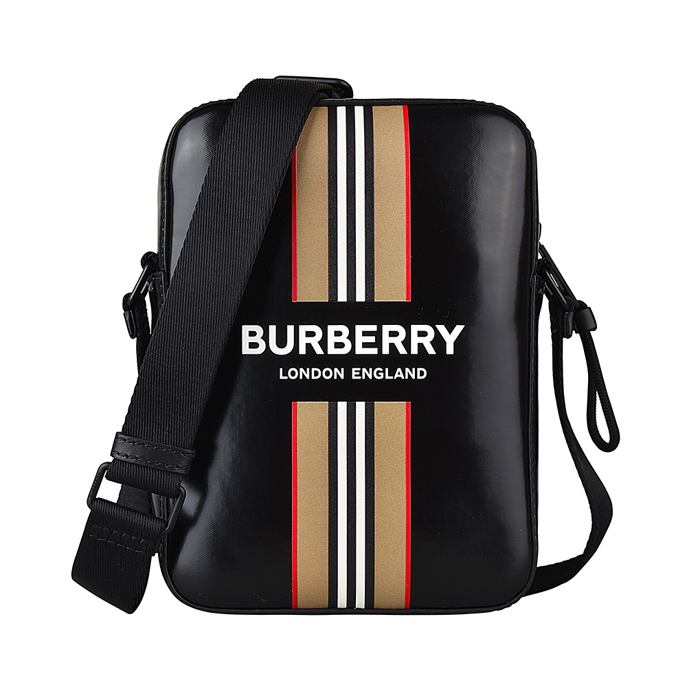 BURBERRY白字LOGO滑面帆布條紋印花設計拉鍊斜背包(黑)