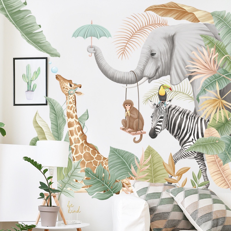 五象設計 北歐植物貼畫熱帶雨林動物壁紙大象長頸鹿牆紙卡通猴子兒童房壁紙