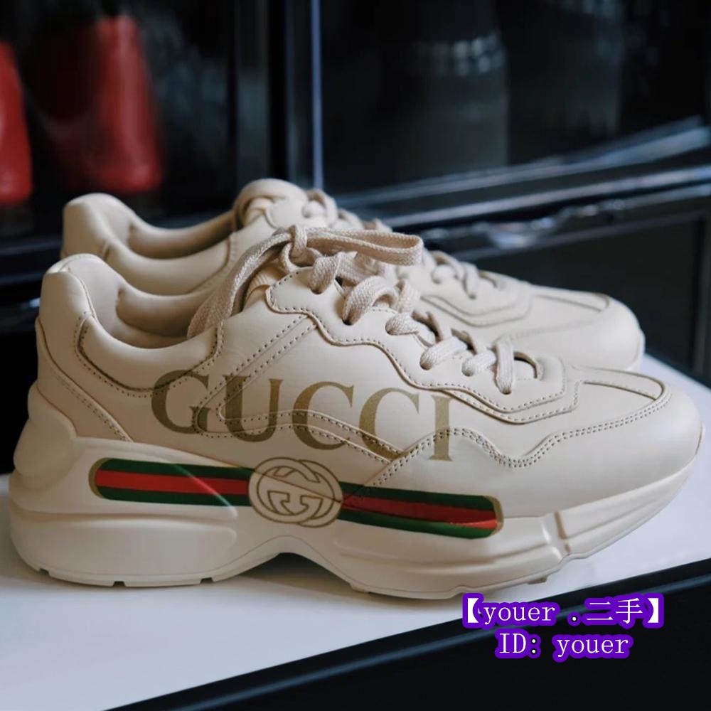 二手正品全新正品Gucci Rhyton 系列 Gucci 皮革老爹鞋 500877 復古LOGO標識 休閒鞋