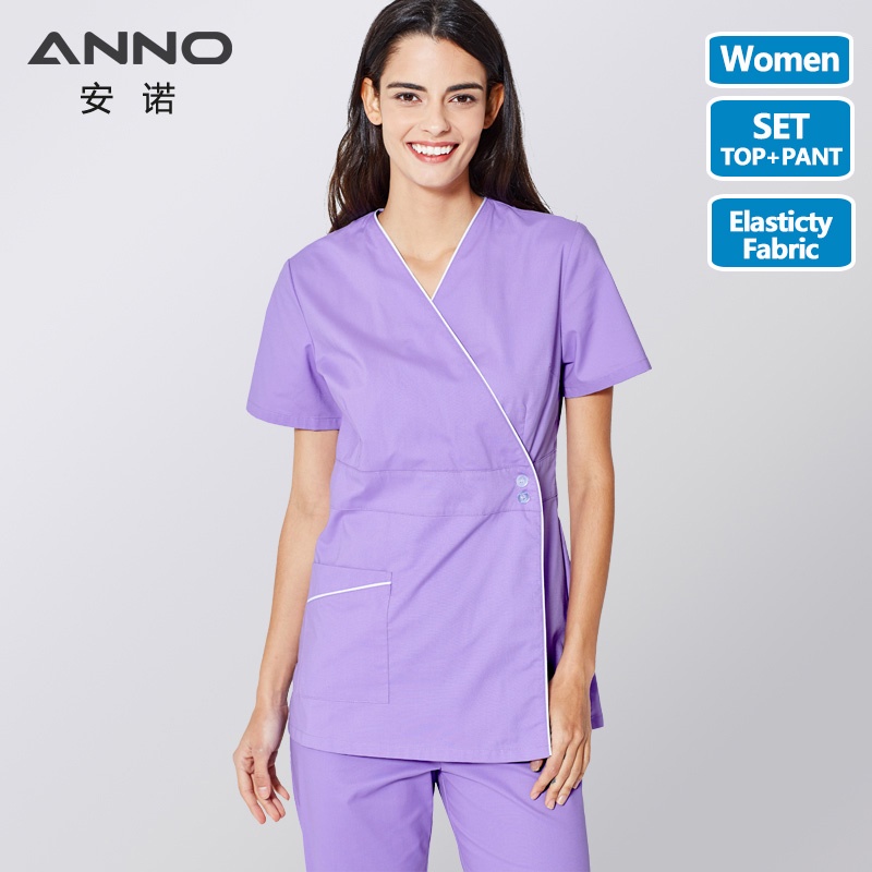 Anno 醫療磨砂套裝身體紫色護士制服女式臨床服裝襯衫褲子美容院炒鍋服護理服