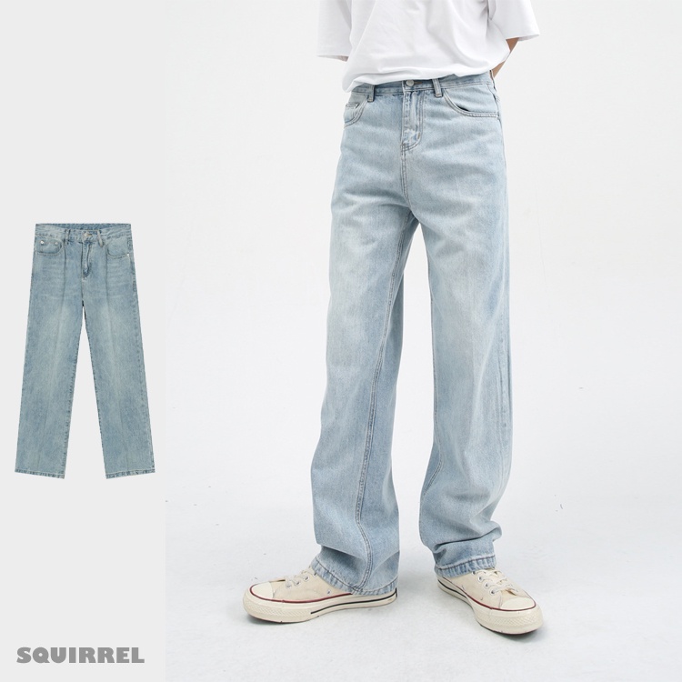 【Squirrel松鼠】水洗淺藍牛仔褲 復古韓系 水洗藍 長褲 牛仔褲 直筒 寬褲
