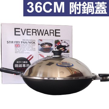 《物廉網》EVERWARE鐵金剛 36cm(單耳)不沾鍋 附鍋蓋 鐵鏟專用 台灣製造