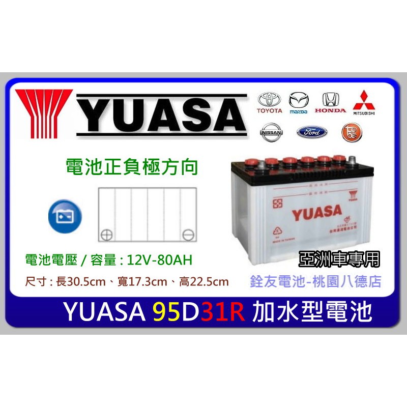 +桃園電池-銓友電池 YUASA 95D31R 加水保養型汽車電池 GRAND STAREX 2.5(柴油) 大發