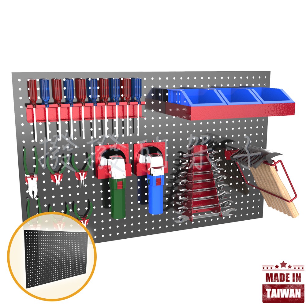 工具間 工具牆面洞洞板置物架 車庫牆壁收納架 機車汽車修配廠 鐵製耐重DIY洞洞板展示 圓孔板手收納盒 鉗子掛勾收納牆