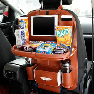 汽車座椅靠背懸掛式收納袋 PU 皮革墊通用汽車可折疊擱板 iPad 杯收納架袋