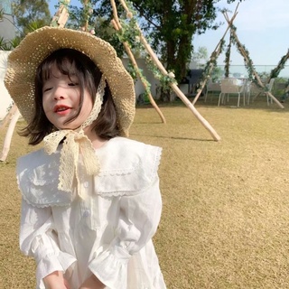 韓國兒童帽子 春夏森系穿搭兒童漁夫帽日系綁帶蘿莉可愛寶寶遮陽草帽親子可摺叠
