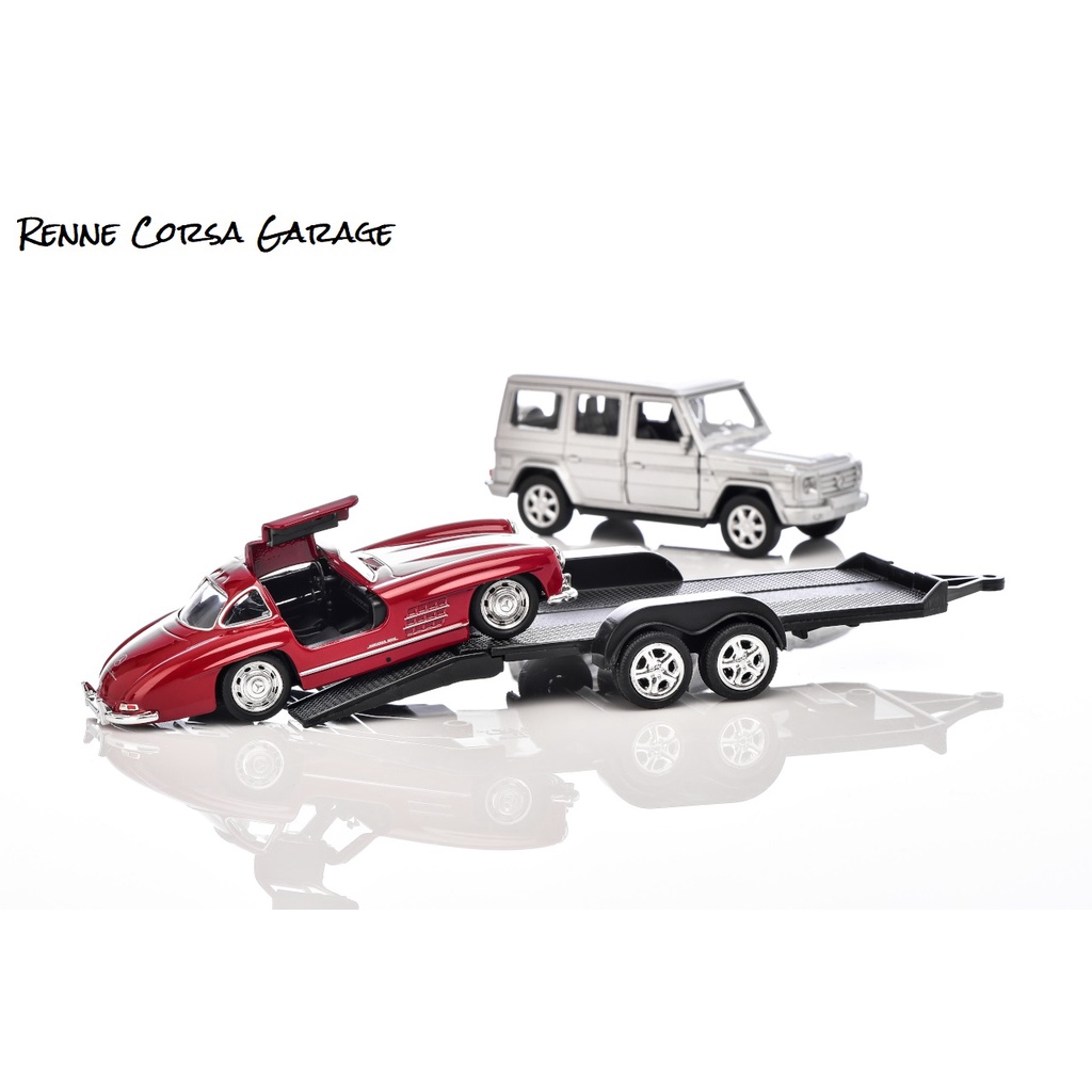 【Renne Corsa Garage】正賓士原廠 G-Class+300SL拖車組迴力模型玩具車 1/38