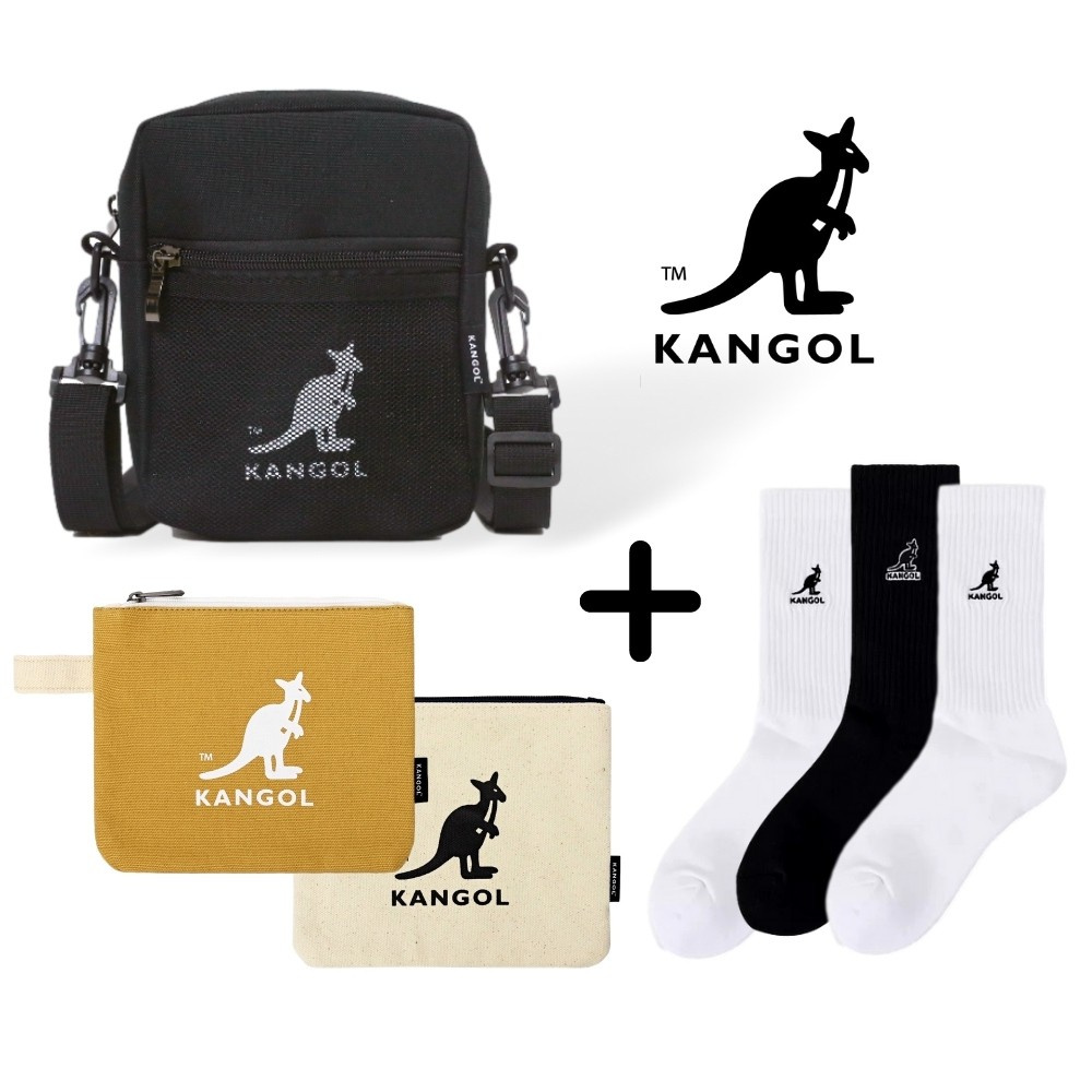 KANGOL 袋鼠 網格側背包+袋鼠長襪黑白 帆布手拿包 化妝包 防潑水 小包 小帥包 網格包 現貨 正品 ChooSh