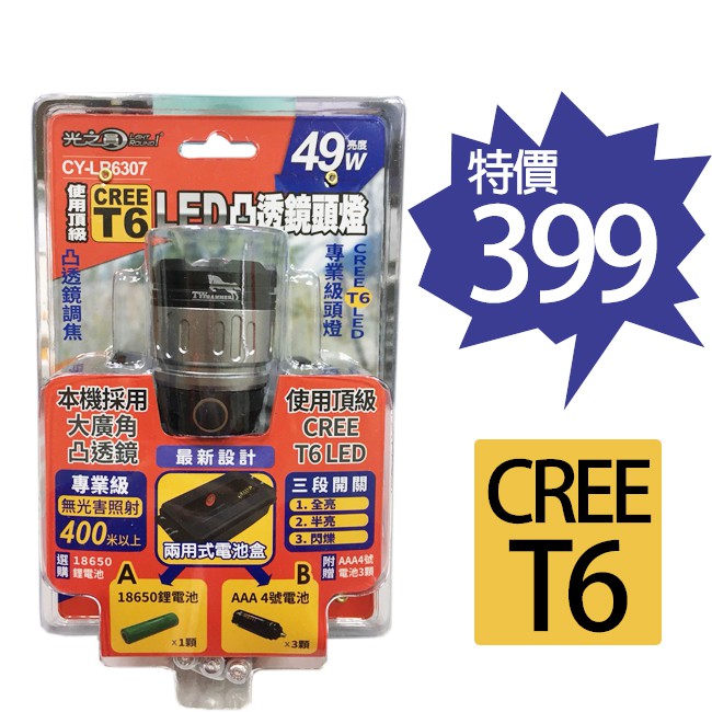 光之圓 CY-6307 CREE T6 LED凸透鏡頭燈 1入