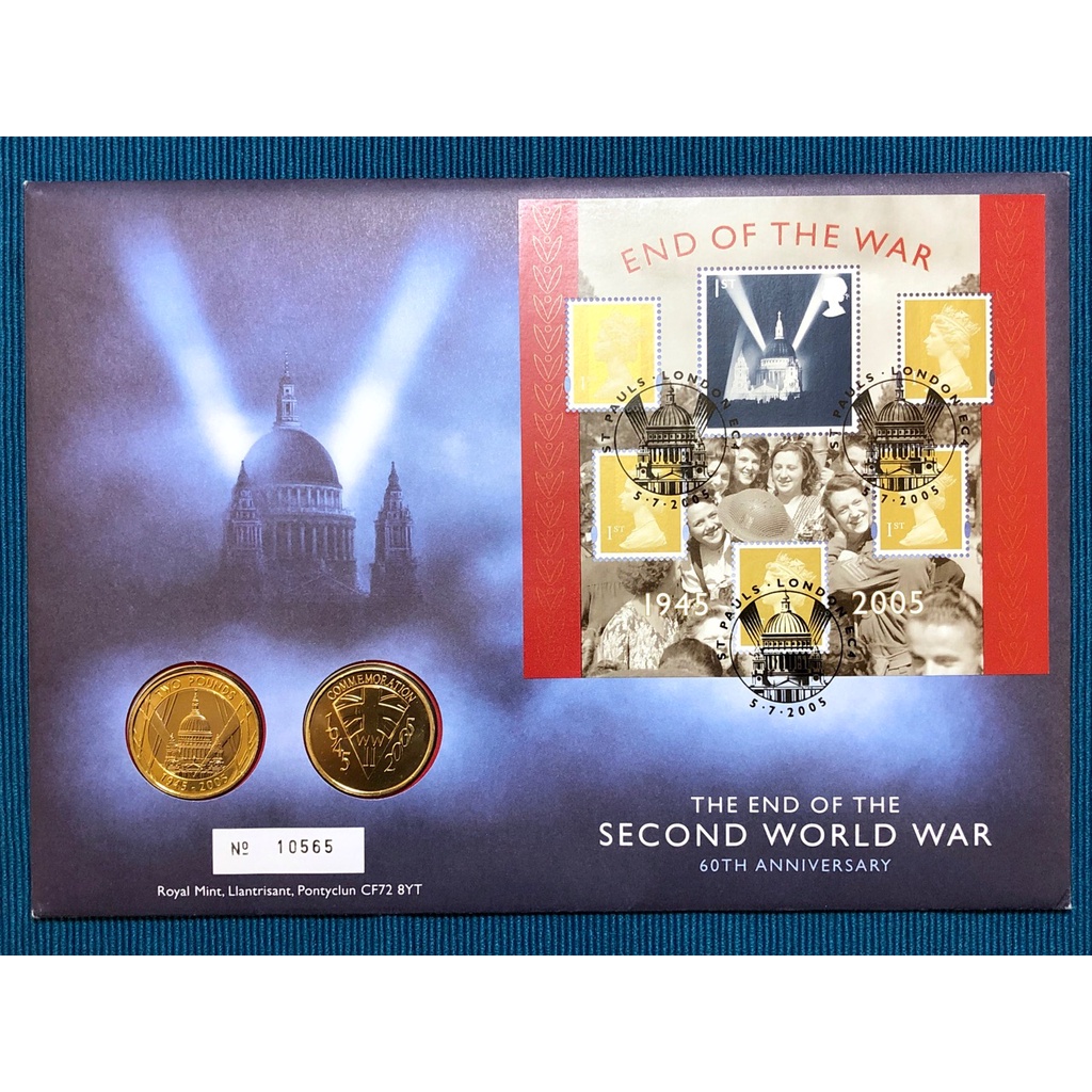 二戰60週年 英國2入紀念幣＋郵票 歷史 戰爭 二戰VE VJ納粹德國 歐戰 諾曼第登陸 硬幣 軍事 聖保羅大教堂 倫敦