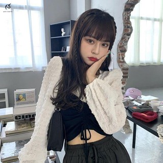 2021秋冬法式泡泡袖襯衫女心機設計感小眾短款抽繩長袖襯衣上衣女
