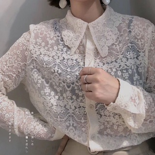 新款韓版寬鬆翻領長袖蕾絲刺繡圖案百搭打底襯衫女微透潮流上衣潮
