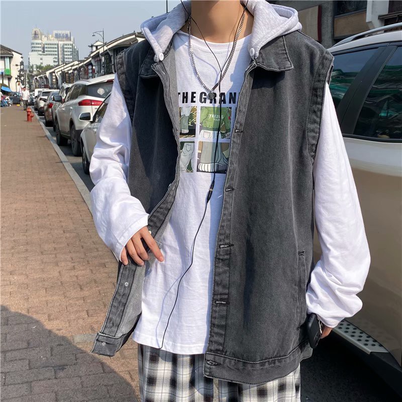 帽可拆牛仔背心牛仔馬甲男背心上衣外套無袖夾克帶帽坎肩(MJK8857)【FIZZE】