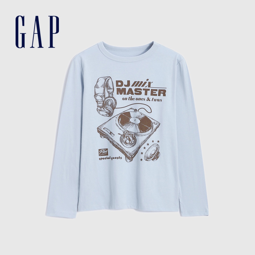 Gap 男童裝 純棉趣味印花長袖T恤-冰藍色(427854)