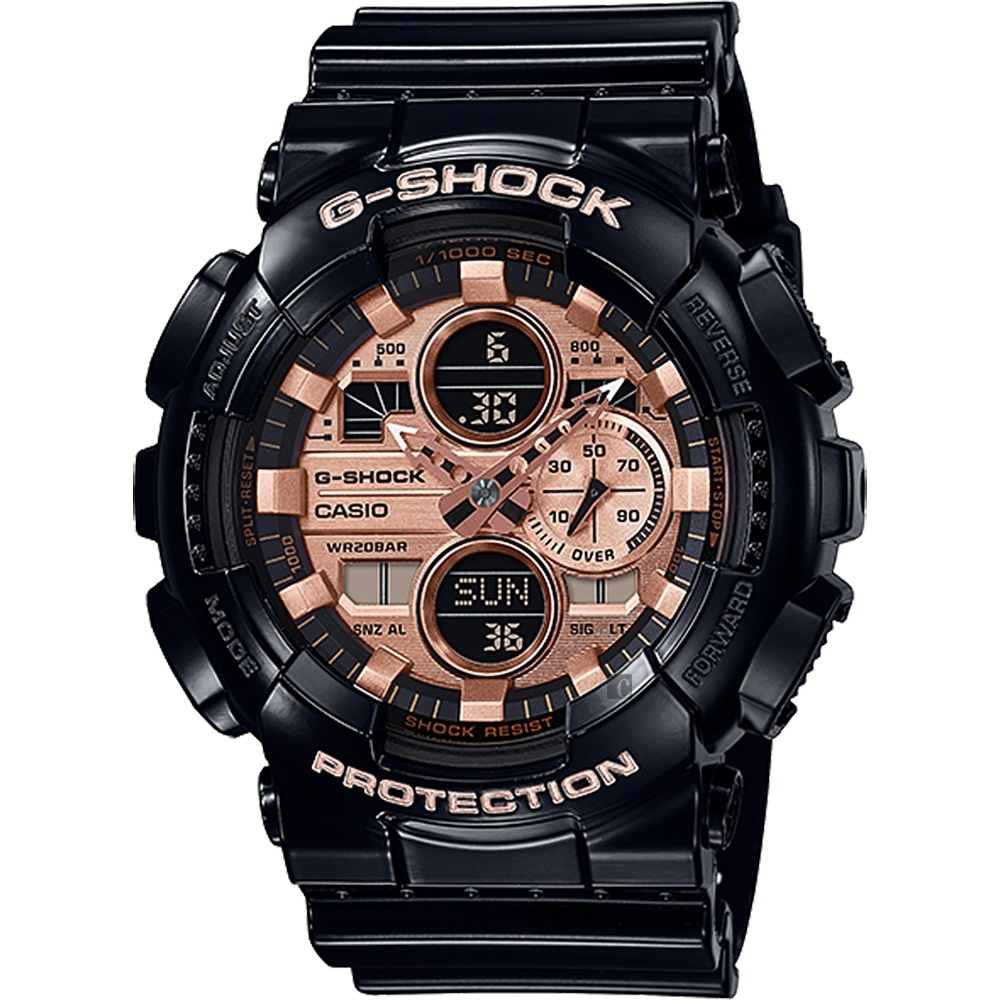 CASIO G-SHOCK 閃耀搖滾時尚配色雙顯休閒錶(GA-140GB-1A2)黑X玫瑰金面