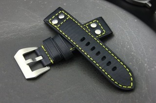 24mm 直身黑色真皮錶帶黃線banda軍錶飛行風格鉚釘