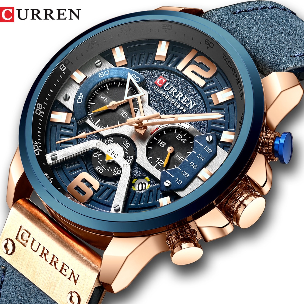 Curren 頂級品牌男士休閒運動手錶藍色豪華軍用皮革錶帶腕錶男士時鐘時尚計時腕錶