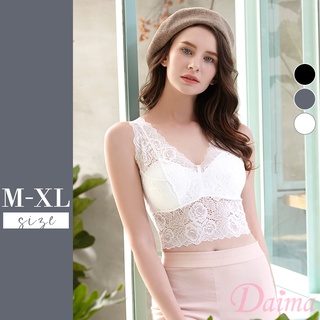 Daima黛瑪 無鋼圈小可愛M-XL 多色可選 性感V型透肌玫瑰 短版蕾絲背心 顯瘦 內搭 穿搭 6768