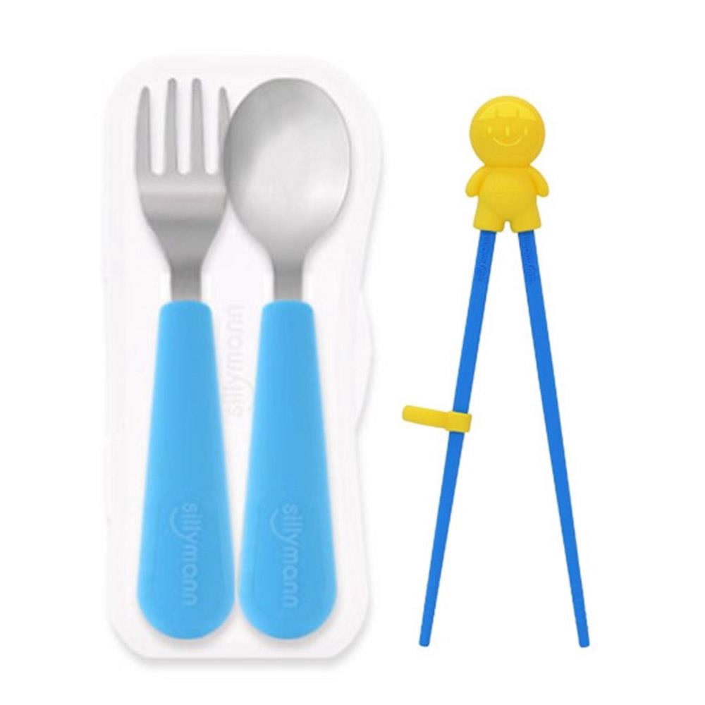 韓國 sillymann 100%鉑金矽膠不鏽鋼幼童湯匙叉子餐具組+左右手學習筷(藍)[免運費]