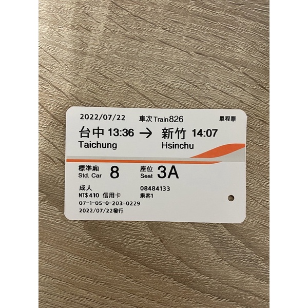 2022 7月22日台中到新竹票根 單程票 高鐵票