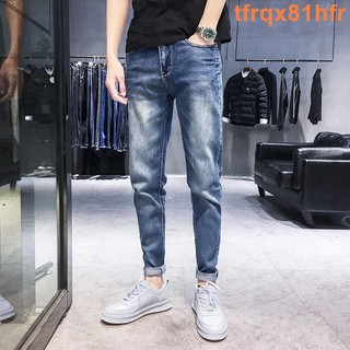 【臺灣現貨】小宅男復古牛仔褲男 小腳修身簡約丹寧牛仔褲 時尚百搭休閒長褲 耐磨透氣 淺色男生褲子日系tfrqx81hfr