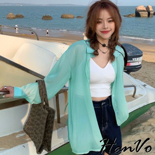 【HanVo】繽紛仙境感透膚防曬襯衫 韓版百搭時尚寬鬆顯瘦修身襯衫上衣 韓國女裝 女生衣著 A02-1615