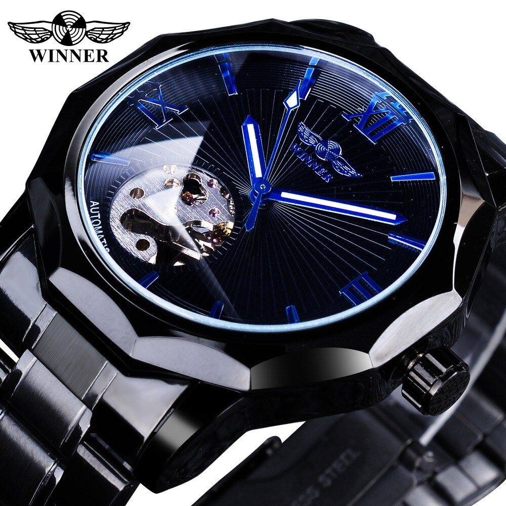 Winner 黑色不銹鋼時尚藍色指針男士機械表頂級品牌豪華不規則形狀錶盤夜光指針