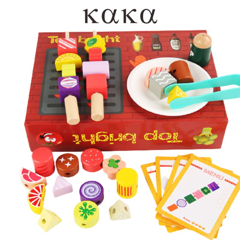 木製模擬燒烤架烤爐過家家兒童看圖串串烤肉蔬菜手部動作訓練玩具【KAKA】