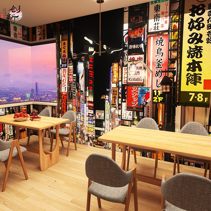 低價促銷 個性韓國日本文化街頭夜景招牌壁紙居酒屋日式餐廳燒烤店背景墻紙 蝦皮購物