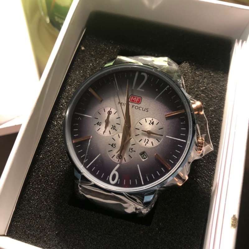 MINIFOCUS-三眼手錶，中性款，深藍色皮錶帶