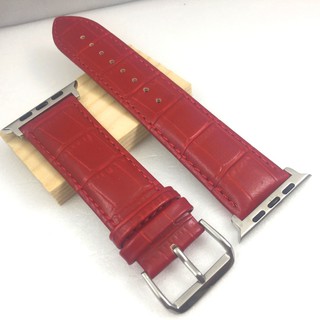 Apple Watch 代用錶帶 艷 紅色 正面牛皮真皮 背面PU人造皮 鱷魚大格紋 錶帶 不鏽鋼ㄇ字釦 42 44
