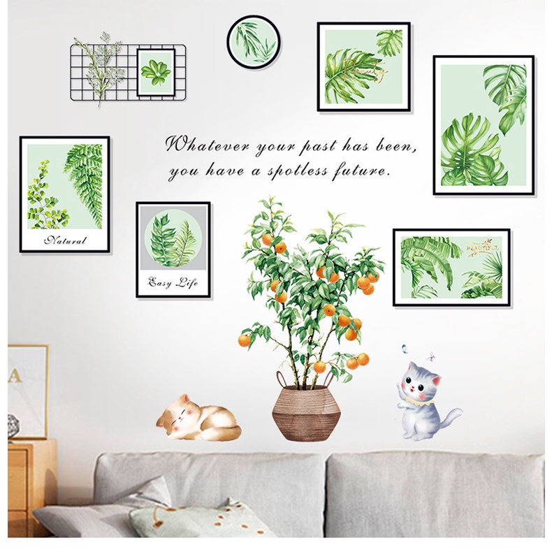 綠葉集合 壁貼 壁紙 植物壁貼 葉子壁貼  熱帶植物  芭蕉葉  可愛小貓 植物 牆貼 DIY組合裝飾佈置