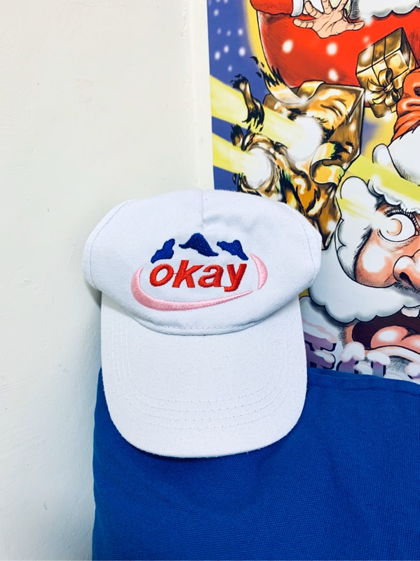 Okay 老帽/evian品牌翻玩/刺繡logo/二手古着/原宿街頭/ 穿搭好搭便宜賣