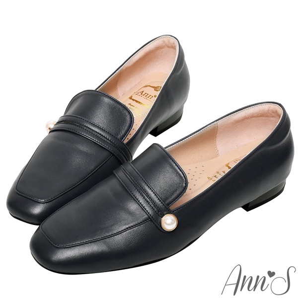 Ann’S法式珍珠-頂級綿羊皮珍珠扣帶平底樂福鞋-黑