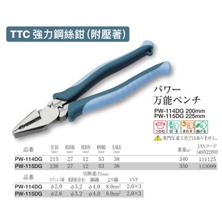 夾鉗工具｜TTC 日本 角田 強力鋼絲鉗 (附壓著) PW-114DG PW-115DG (含稅/附發票)