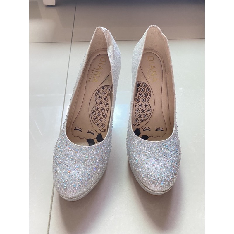 台灣Diana手工縫製-水鑽高跟鞋銀色婚鞋 專櫃女鞋 二手 37號-23.5cm