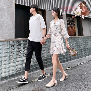 【COUPLE】2022情侶裝🔥🔥夏季小清新女碎花裙男圓領休閒短袖T恤衫