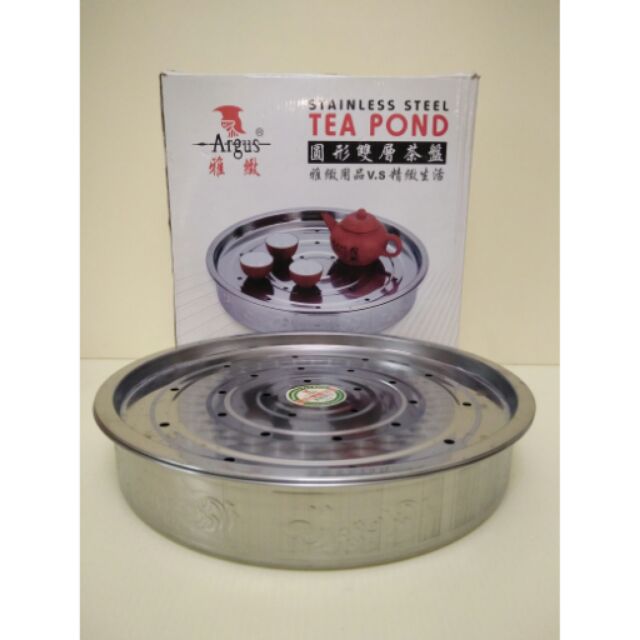 茶盤 瀝水盤 泡茶盤 高級不鏽鋼圓形雙層茶盤34cm 不銹鋼茶盤