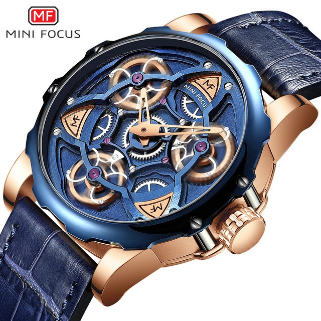 Minifocus品牌男士手錶機械風齒輪陀螺日本機芯立體精簡版皮錶帶