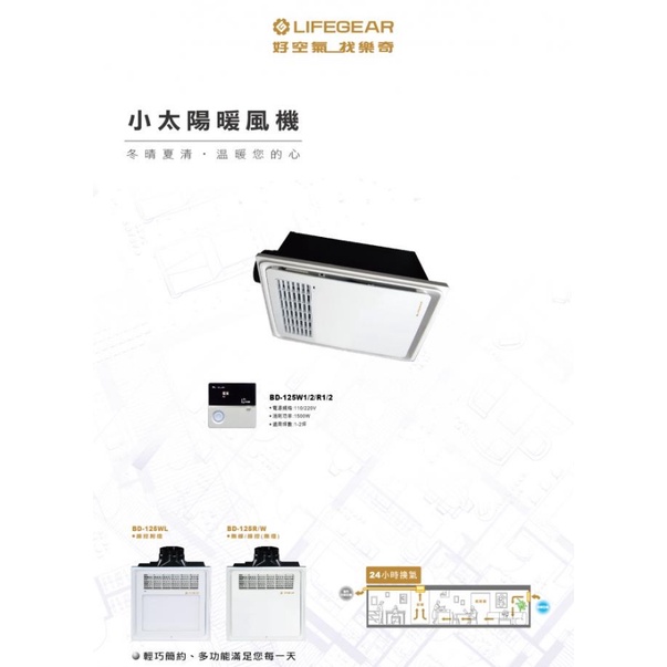 樂奇 浴室暖風機（線控 BD-125W1/W2）（遙控R1/R2）