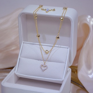 韓國 14K 鍍金多層項鍊 心形鑲鑽項鏈 鎖骨鏈 女士配飾 時尚飾品