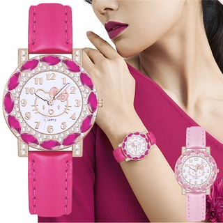 時尚水鑽 Hello Kitty 女士手錶女士皮革石英手錶女孩時鐘