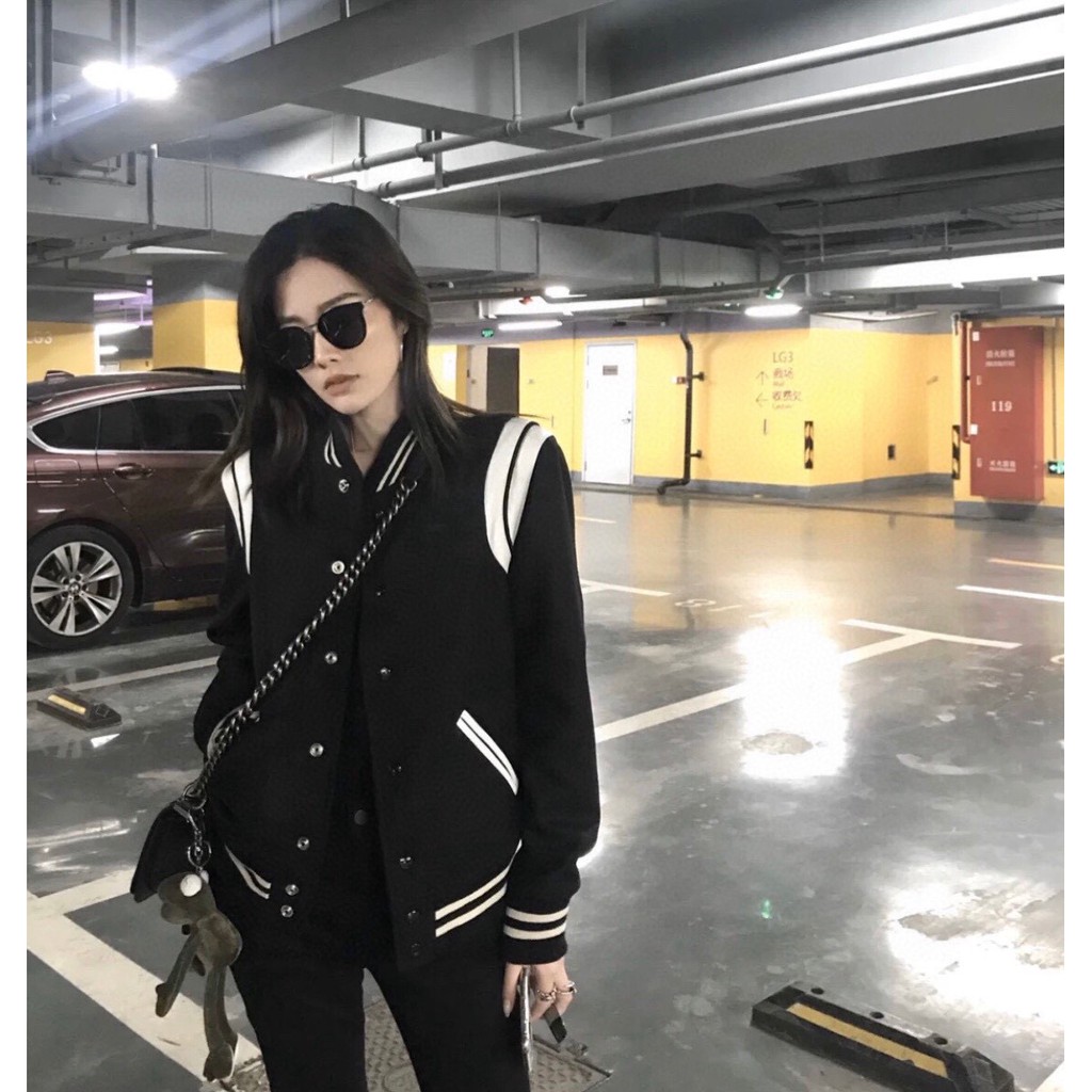 Saint Laurent Paris 聖羅蘭ysl 經典毛呢皮革拼接黑白夾克棒球服外套男女同款經典百搭夾克棒球外套 蝦皮購物